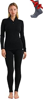 Women’s Merino Wool Base Layer Set - Zip-Up Heavyweight, Midweight Thermal Top & Bottom