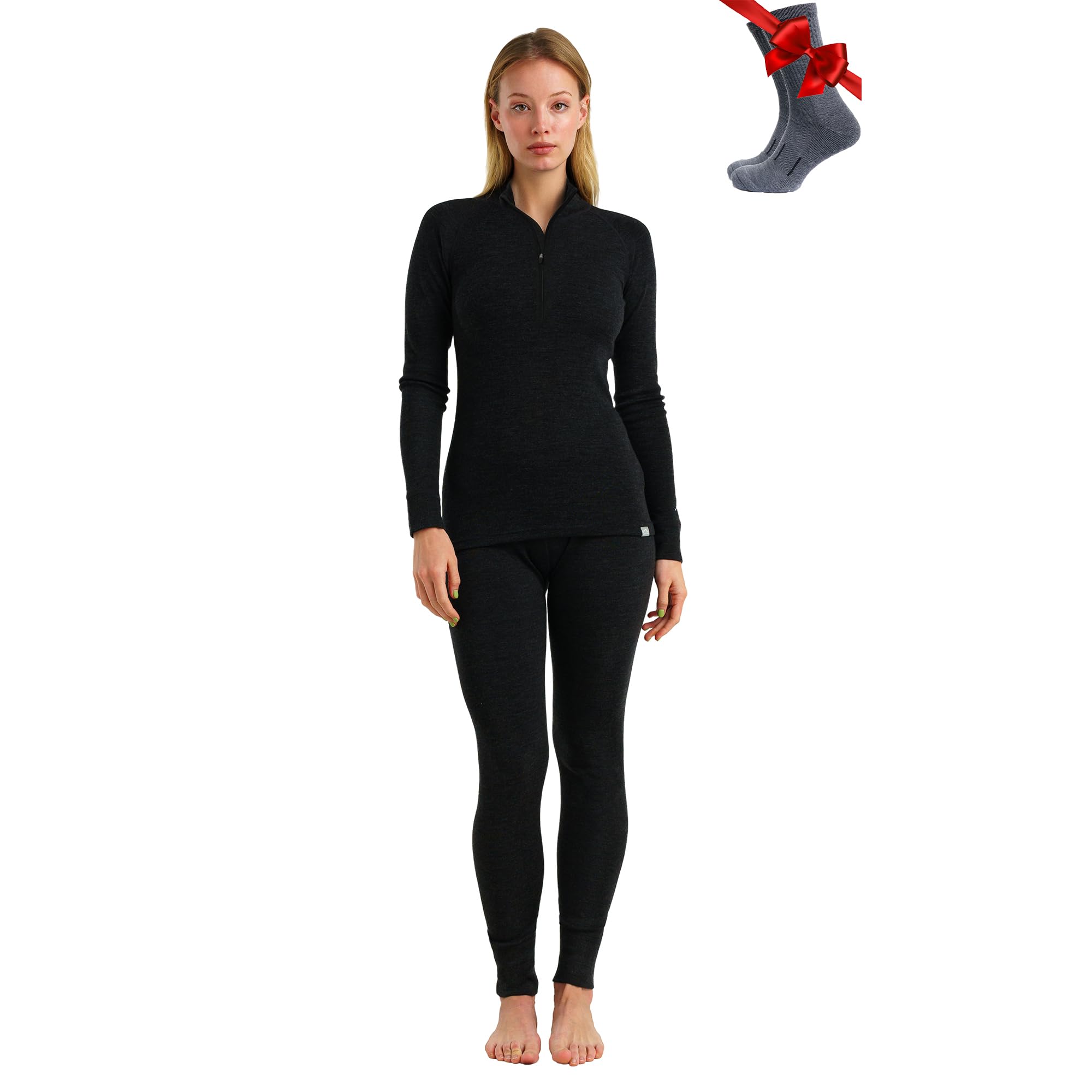 Women’s Merino Wool Base Layer Set - Zip-Up Heavyweight, Midweight Thermal Top & Bottom, 320 Charcoal Grey Zip-up, Small-image-47