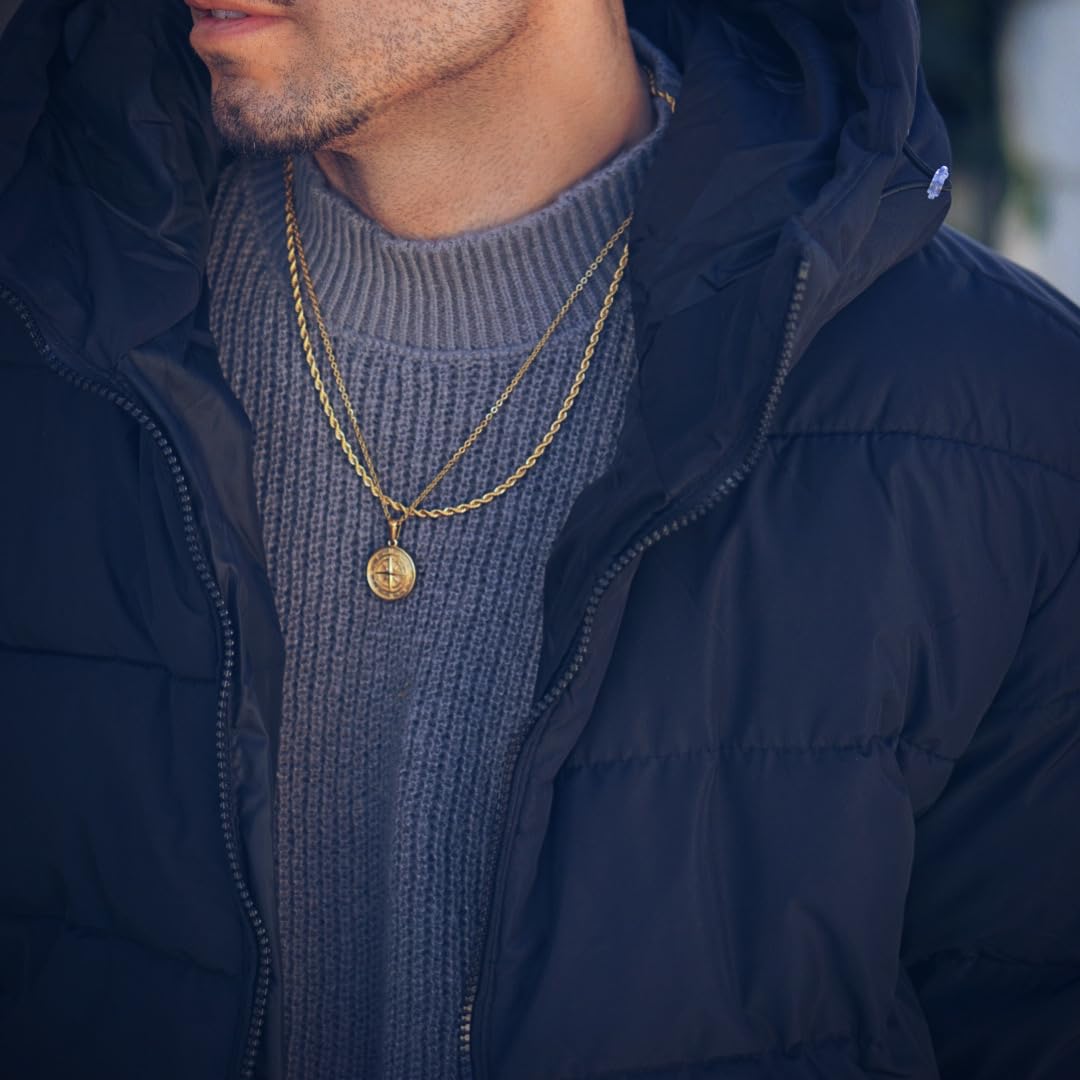 DVRK® Pack 2 Cadenas Hombre Bañadas en Oro 18k con Base de Acero Inoxidable 316L – Cadena Oro Hombre Estilo Cordón y Collar Brújula Resistentes al Agua y al Sudor - Regalo