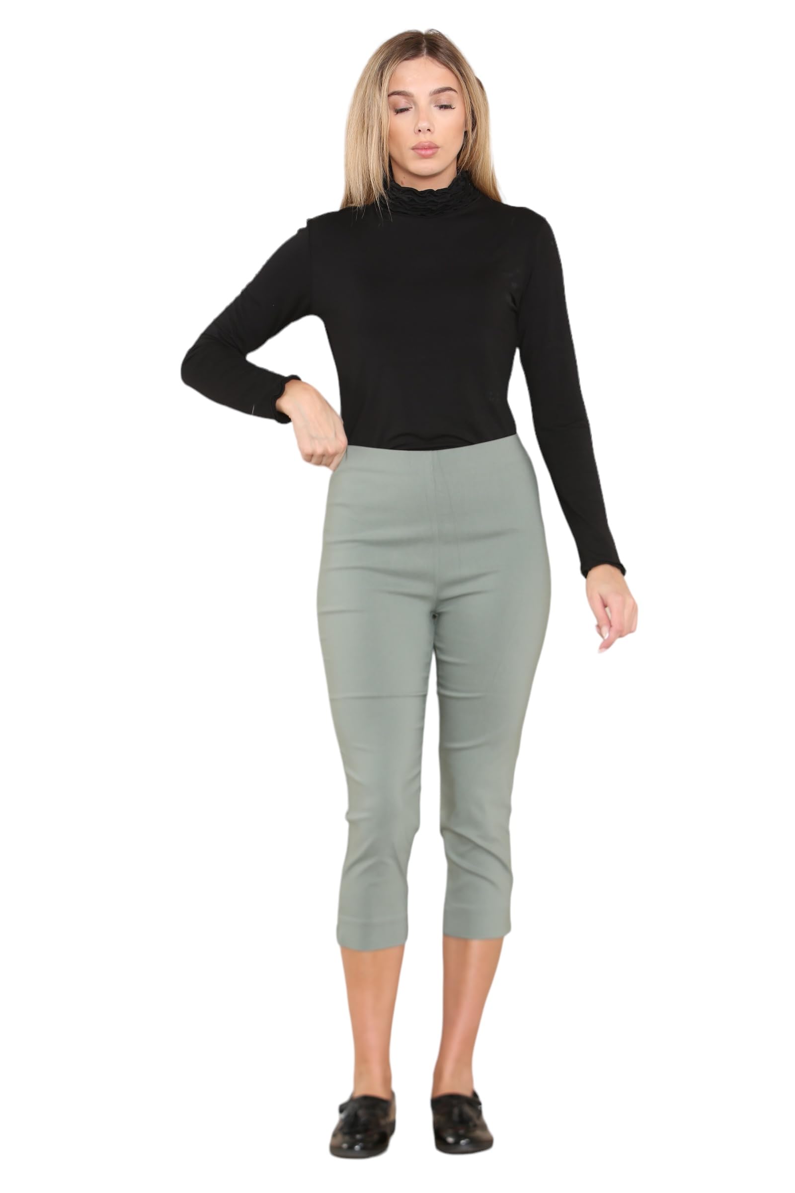 Wearall Women's Khaki Cropped Trousers For Uk Capri Trouser Summer Pants Short Crop Stretch 3/4 Length Three Quarter Pedal Pusher Clothes Elasticated Bengaline Cut Off 16