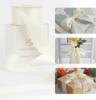 HUIHUANG White Ribbon 2 inch Wide Antique White Double-Faced Satin Ribbon for Flower Arrangements Supplies Wedding Bridal Shower Decor Invitations Crafts Bows Gift Wrapping, Basket - 25 Yards/Roll