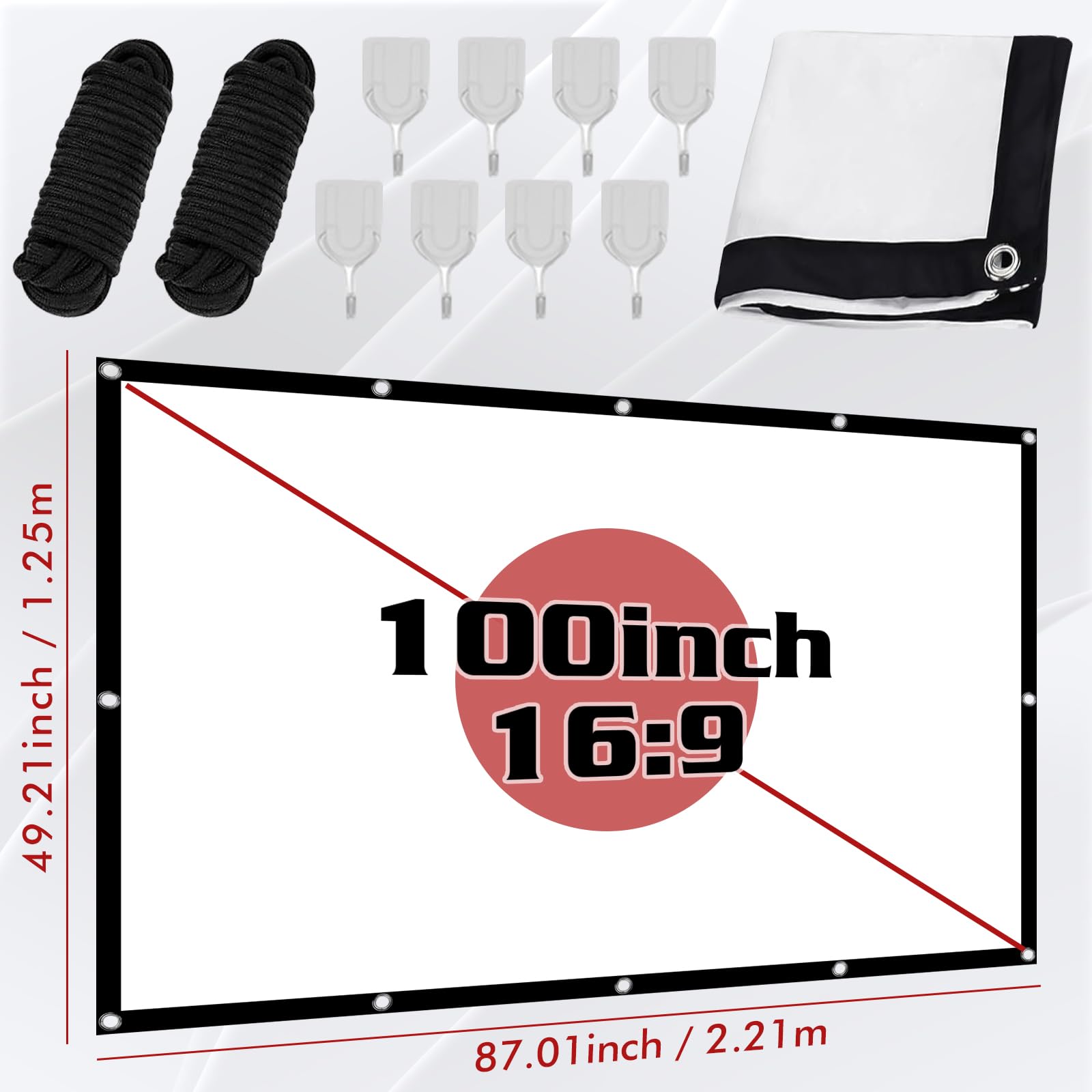 Tela per proiettore da 100 pollici: 16:9 HD 4K Proiettore su tela senza pieghe, pieghevole, portatile, lavabile con ganci e corde per casa, ufficio, scuola e attività all'aperto