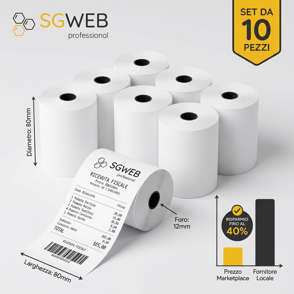 Rotoli Carta Termica 80x80 per Registratore di Cassa Fiscale 10-Pack - Rotolo Scontrini Stampante Termica POS, Foro 12 mm, Senza BPA