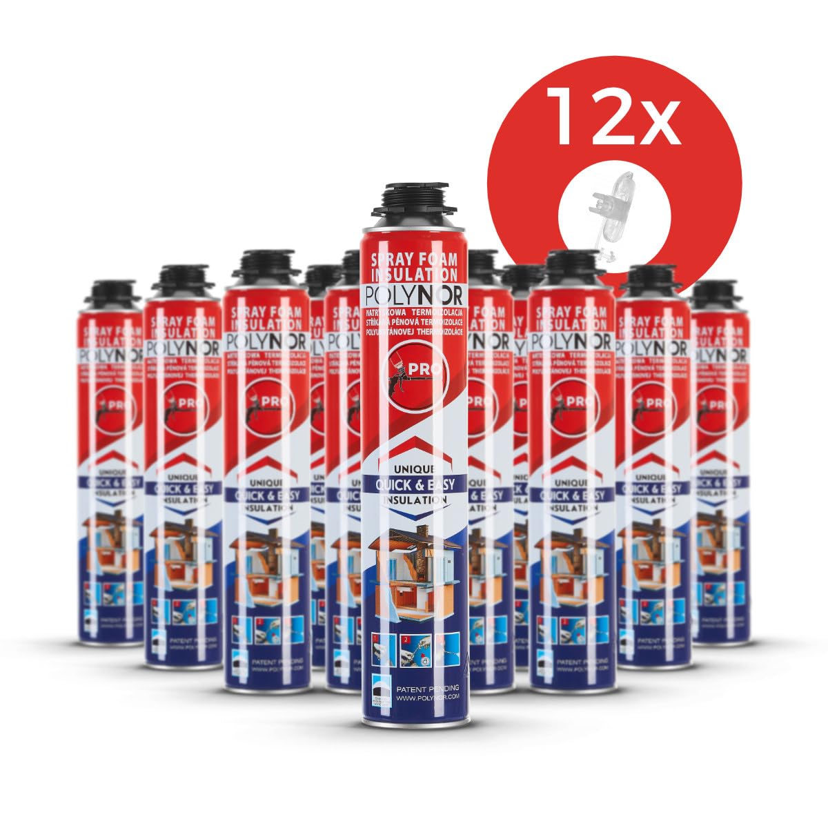 POLYNOR Isolation thermique PUR en bombe PRO - Kit - 12 mousses - Pistolet à mousse - Isolation thermique par projection - Isolation des murs, toits, plafonds, tuyaux - Aérosol 750 ml