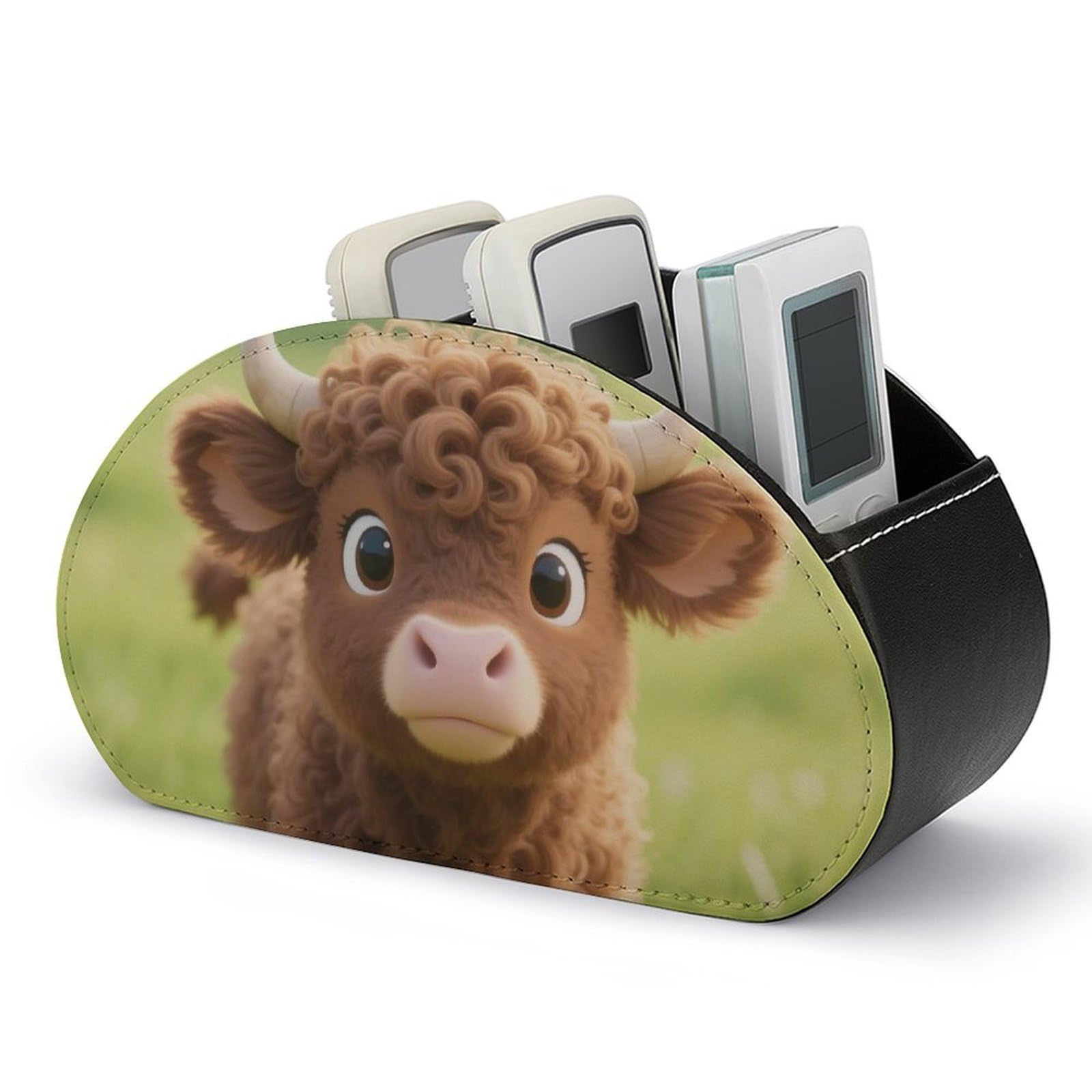 DWVTSLH Cow Remote Control Holder with 5 Compartments - PU Leather TV Remote Holder Remote Caddy Desktop Organizer Makeup Brush Holder, Remote Storage Box for Home Office