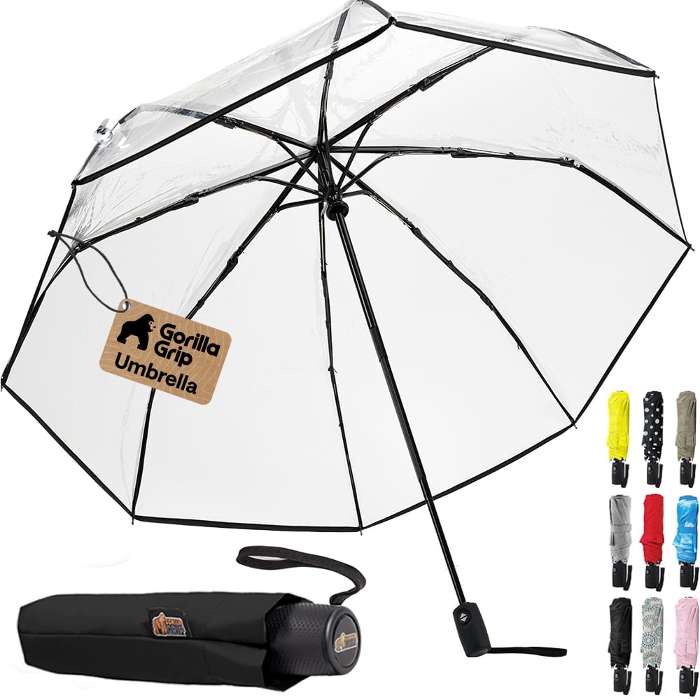 GORILLA GRIP Compact Travel Size Umbrella for Rain, Sleek Design, Clear