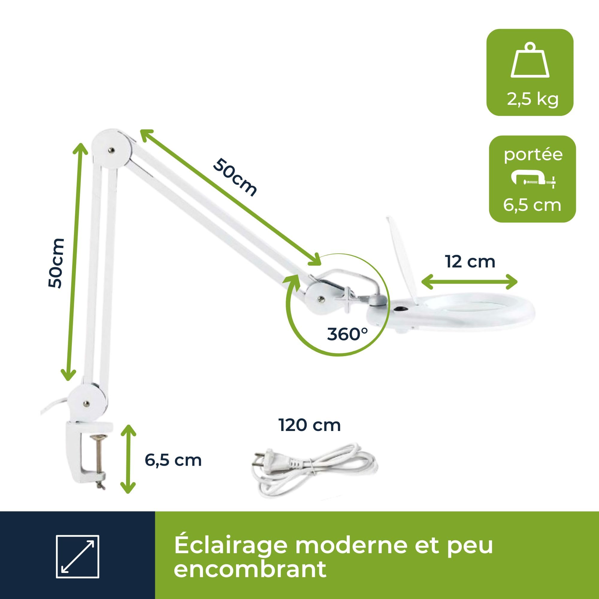Velleman Lampe loupe avec Pince, Lampe grossissante 22 W avec Bras articulé réglable, grossissement 2,25x, lentille 5 dioptries 120 mm, pour Loisirs, Lecture et travaux de précision
