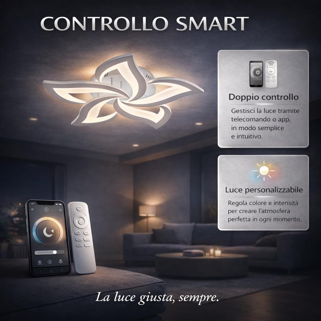 Arcadia Plafoniera Led Soffitto Moderna con Luce Calda e Fredda Dimmerabile, Telecomando e App per Cellulare - Lampadario Camera da Letto, Soggiorno, Cucina, Cameretta e Salotto - 4000LM 48W 60Cm