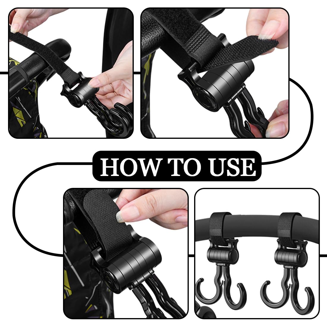 4 Pezzi Ganci Passeggino, Ganci Passeggino Universali Leggero Rotanti Appendi, Multiuso Gancio Clip Con Chiusura Regolabile, Ganci Appendere Per La Spesa Borse Pannolini Borsette (Nero)