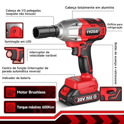WOSAI Chave de Impacto de Torque 600N.m com Bateria Intercambiável 20V 6.0Ah, Encaixe 1/2', 3 Peça