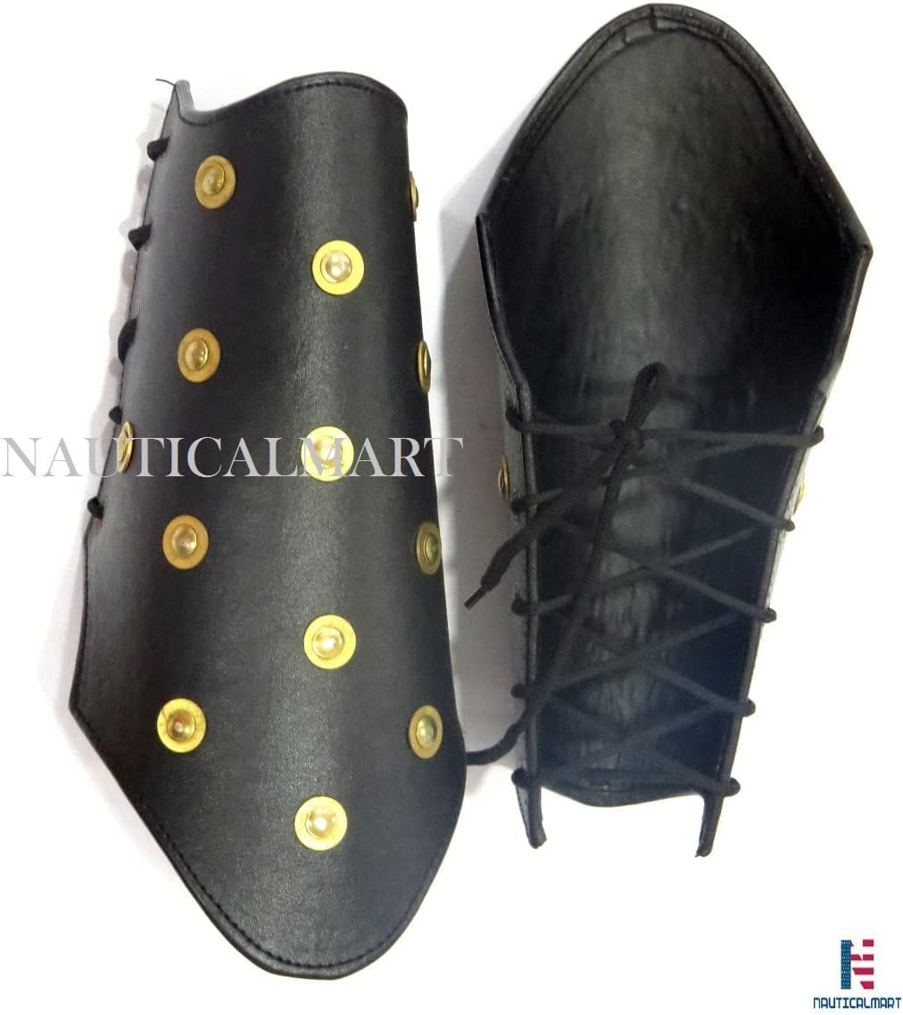 NauticalMart Black Leather Arm Bracers Studded Brass Washer Arm Guard Set