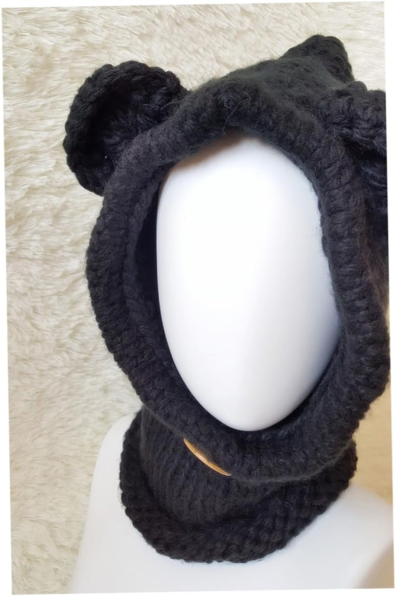 Cute Kids Bear Hat Scarf Winter Knitted Cape Beanies One Size Bear Hat for Warmth Black