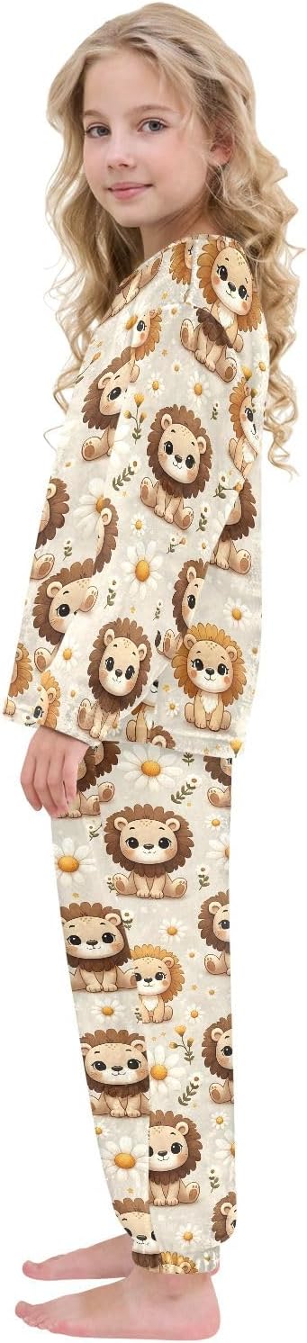Kids Flannel Sets Cute Little Lion Face and White Daisy Warm Plush Relaxed Clothing for Boys and Girls