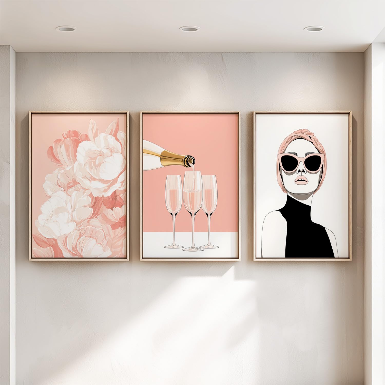 Juego de 3 decoraciones de pared modernas, impresión HD para sala de estar, dormitorio, pósters niña retrato floral rosa elegante sin marco, 40 x 60 cm