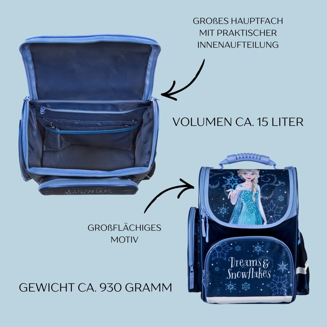 Undercover Juego de mochila escolar de 1ª clase, contenido personalizado con nombre, mochila escolar para niños y niñas, Frozen (Navy Dark Blue), 5-teilig, Juego de mochila escolar