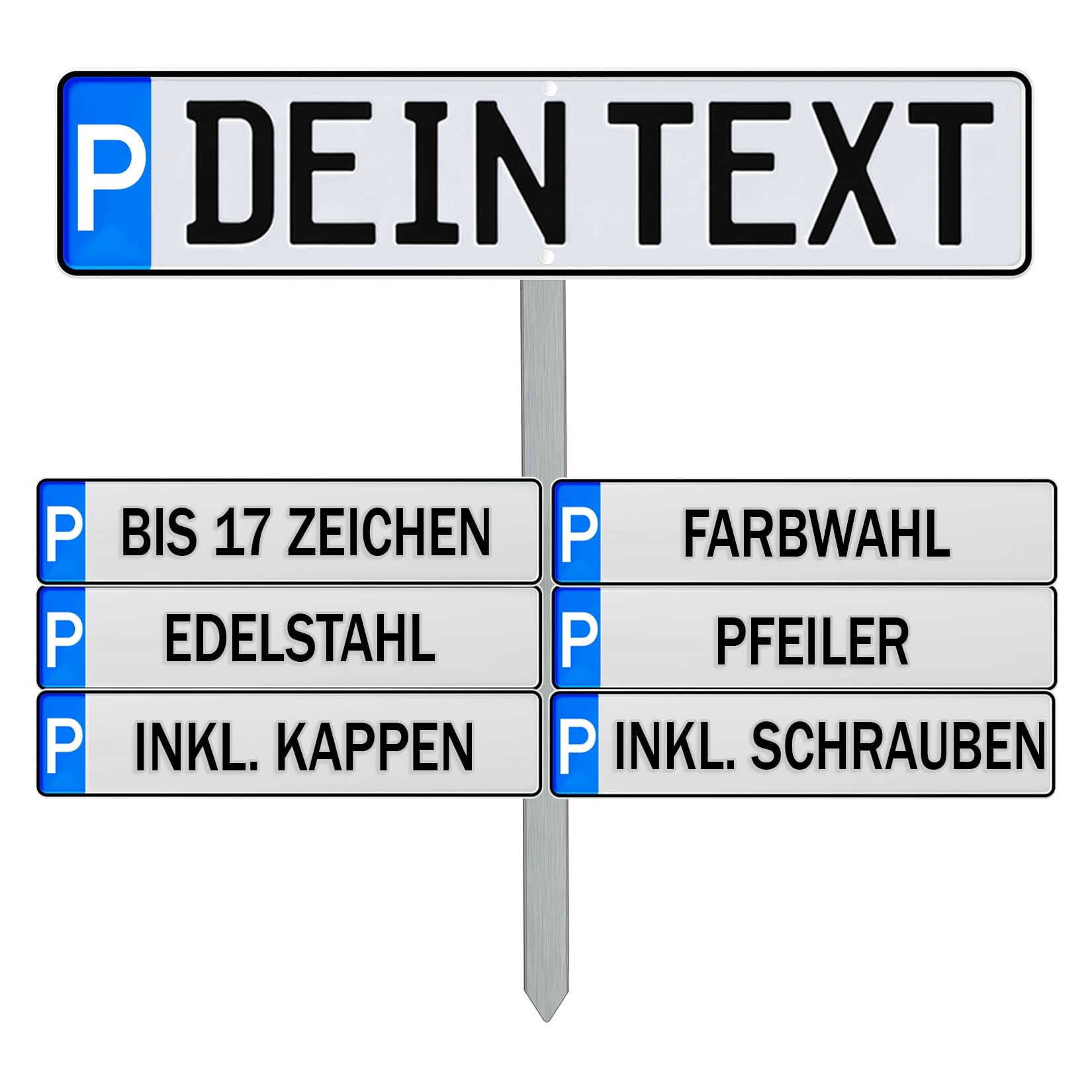 Parkplatzkennzeichen Wunschtext Parkplatzschild mit Halterung Set mit Edelstahl-Pfosten Parkplatz-Kennzeichnung bis zu 17 Zeichen Kennzeichen P-Kennzeichen Schild Wunschprägung Einschlagpfosten