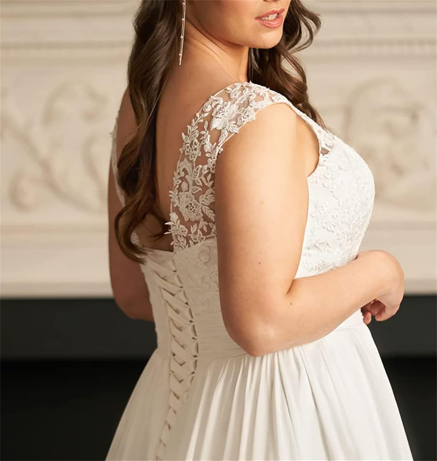 YIANN Robe de mariée en mousseline de soie grande taille pour mariée avec applique en dentelle balayage train A ligne V Neck robe de mariée