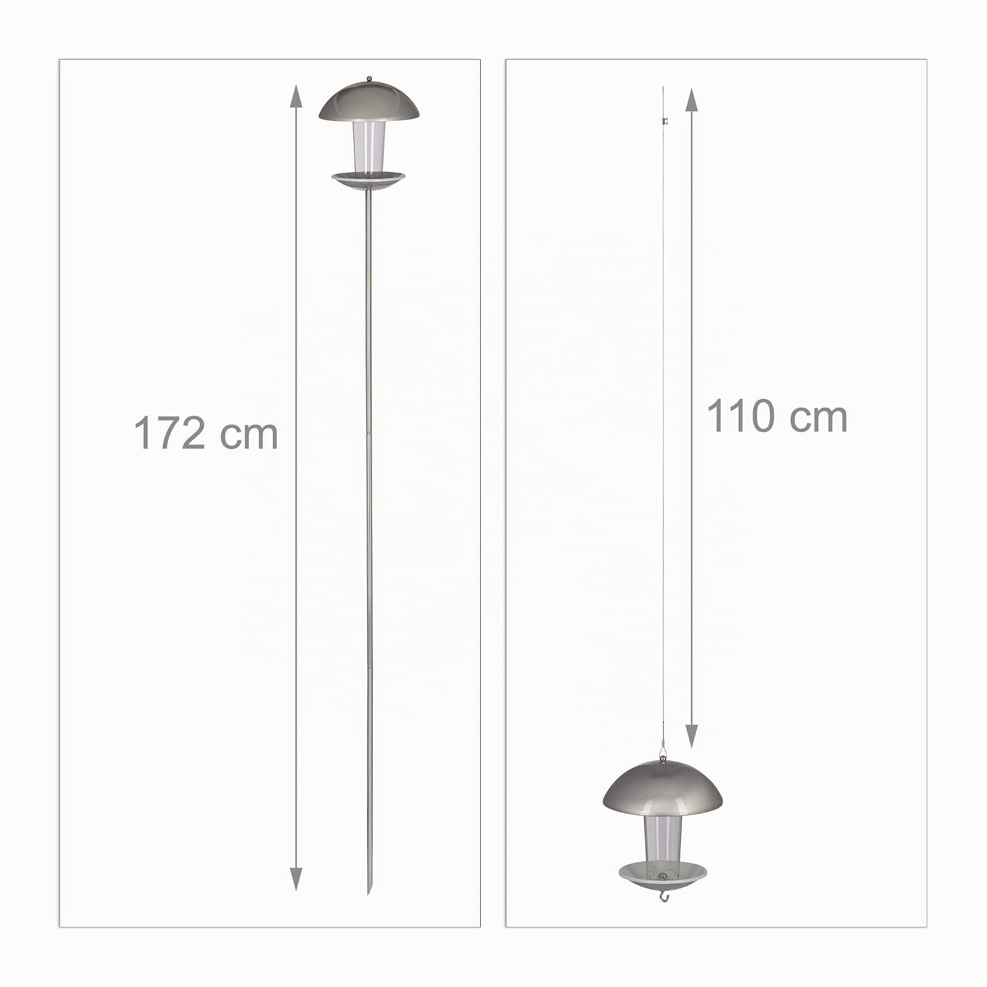 Relaxdays Mangeoire à oiseaux, Distributeur de graines en silo, jardin ou balcon, avec piquet H : 172 cm, argenté