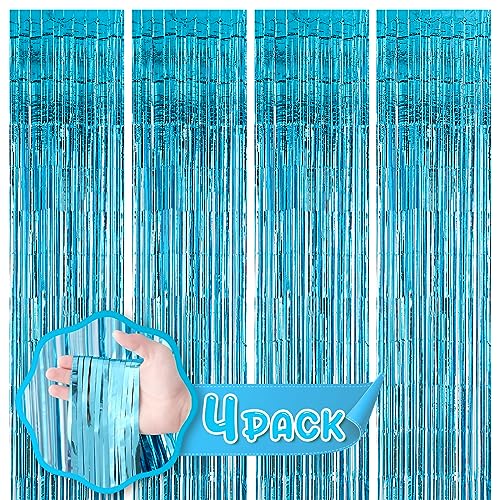 Image of Voircoloria 4 Pack 3.3x8.2 Feet Light Blue Foil Fringe Backdrop Curtains, Tinsel Streamers Birthday Party Decorations, Fringe Backdrop for Graduation, Baby Shower, Gender Reveal, Disco Party