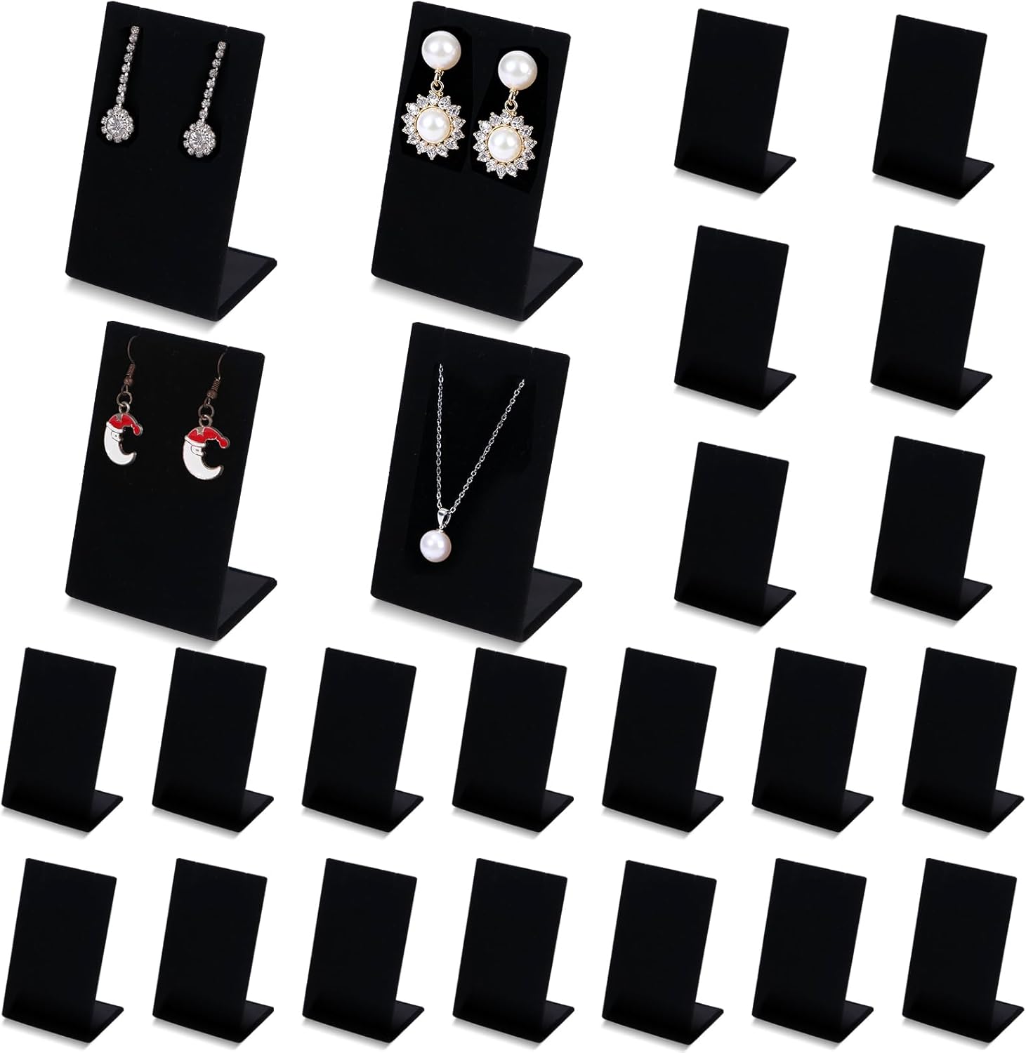24Pcs Earring Holder Black Earring Display Stands L-shape Ear Organizer Dangling Earring Stands Necklace Pendant Jewelry Stand Showcase for Jewelry Shows Photography Prop 1.7x1.4x3”(Velvet)