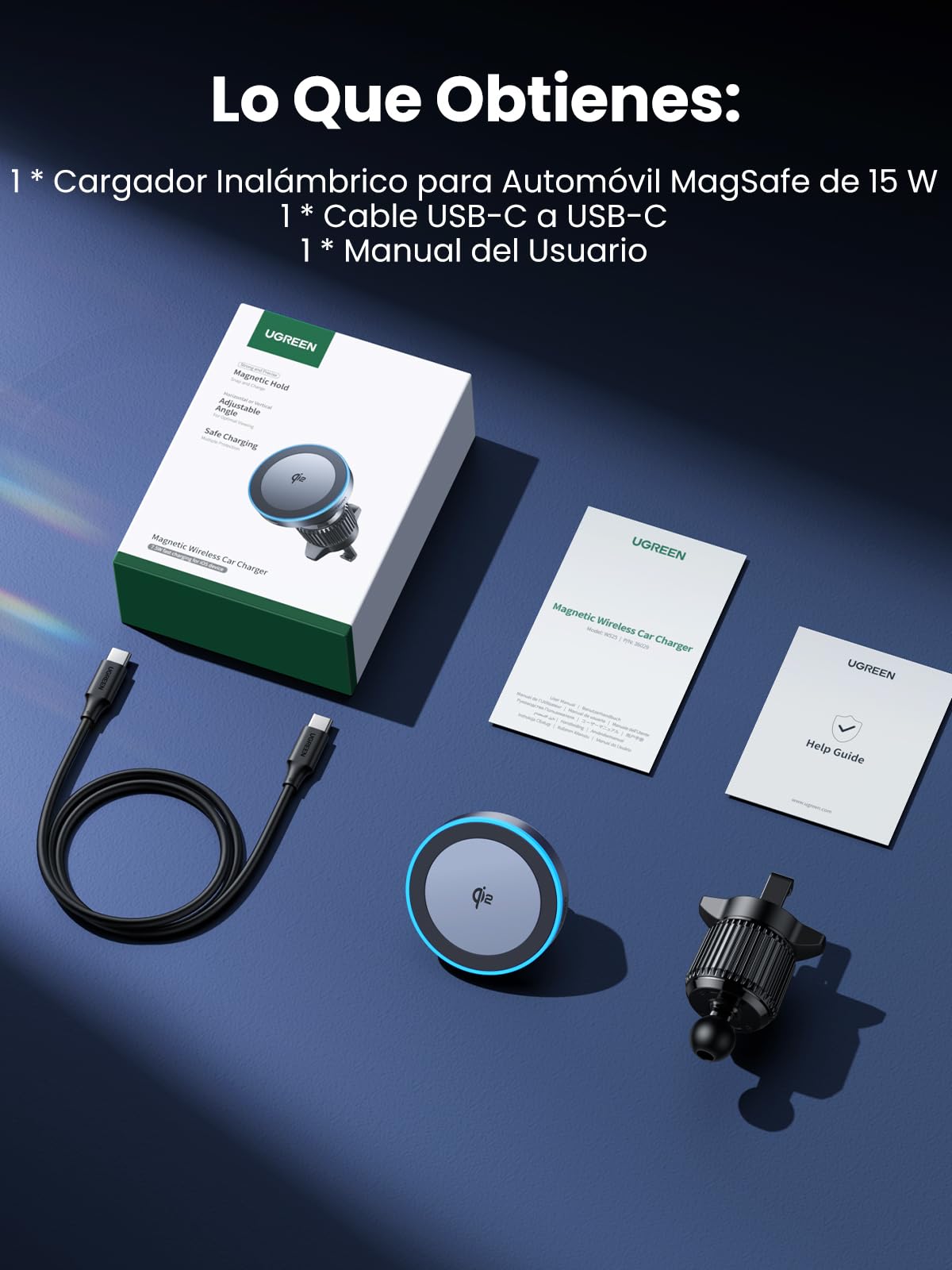 UGREEN MagFlow Cargador Inalámbrico iPhone Coche Certificación Qi2 Real 15W Carga Rápida Soporte Móvil Coche Magnético Compatible con MagSafe iPhone 17 16 15 14 13 12 Pro MAX Air Plus