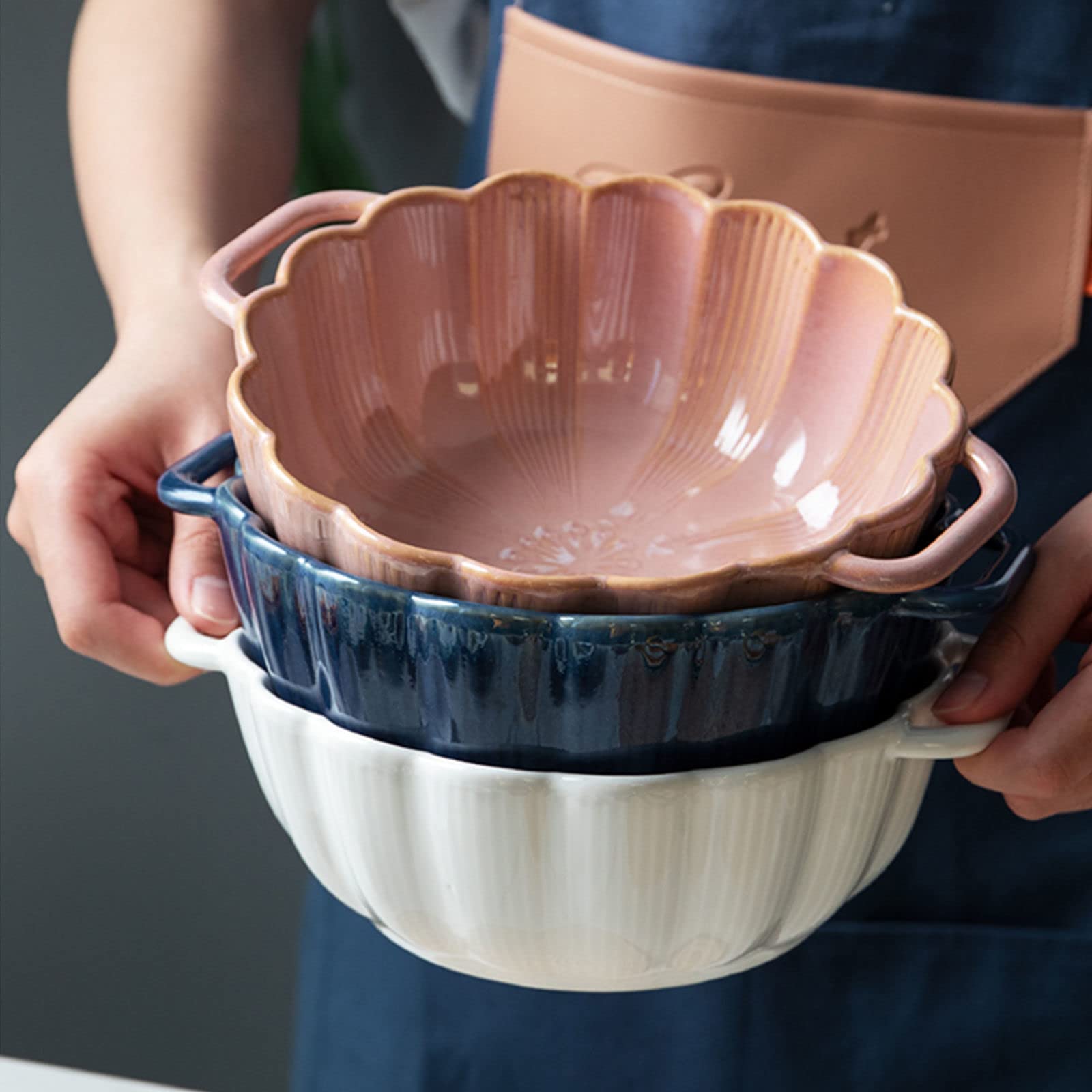 Lasagneform, runder Keramik-Auflauf mit Griff, große Ramen-Schüssel mit Griff, mikrowellen- und ofenfeste Auflaufform, Backform aus Porzellan(White,1100ml)