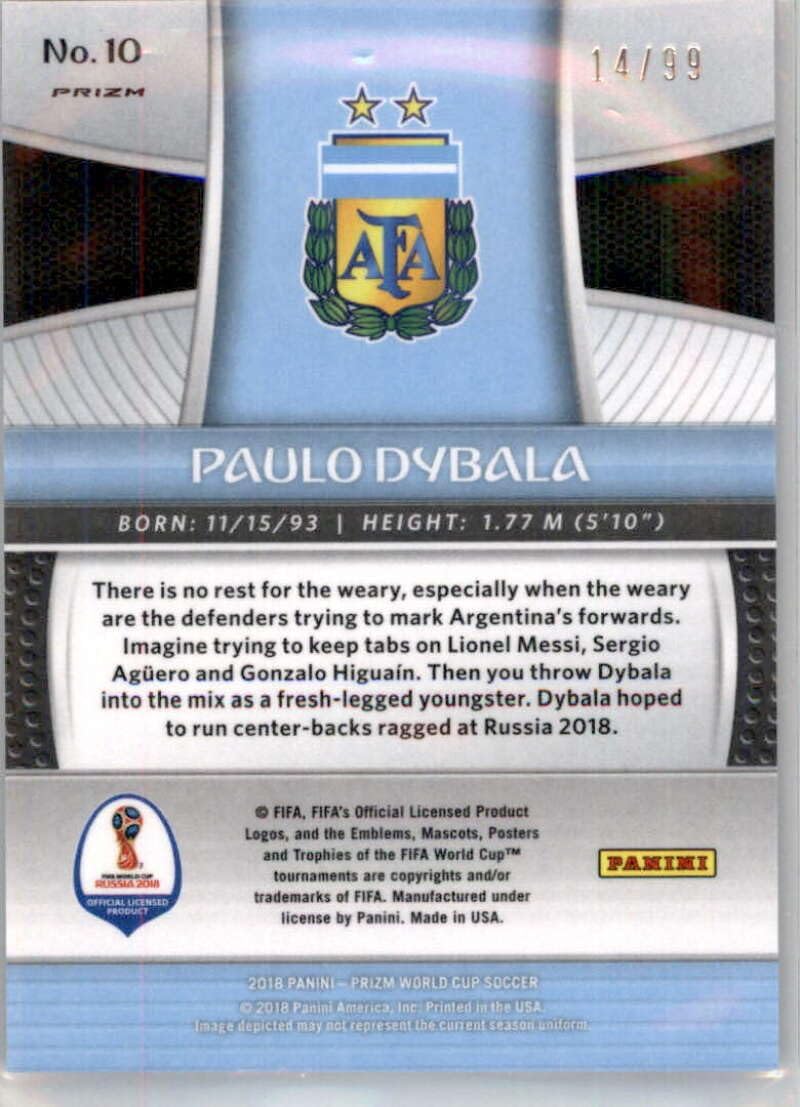 2018 Panini Prizm World Cup Prizms Purple #10 Paulo Dybala SER/99 Argentina Official Soccer Card in Raw (NM or Better) Condition