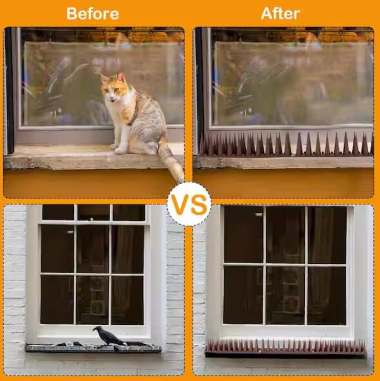 Image of Anti-Bird & Animal Spikes - Pack of 5 | Brown | Weatherproof Deterrent for Pigeons, Cats, Monkeys, Crows & More | Easy Install for Balcony, AC & Windows