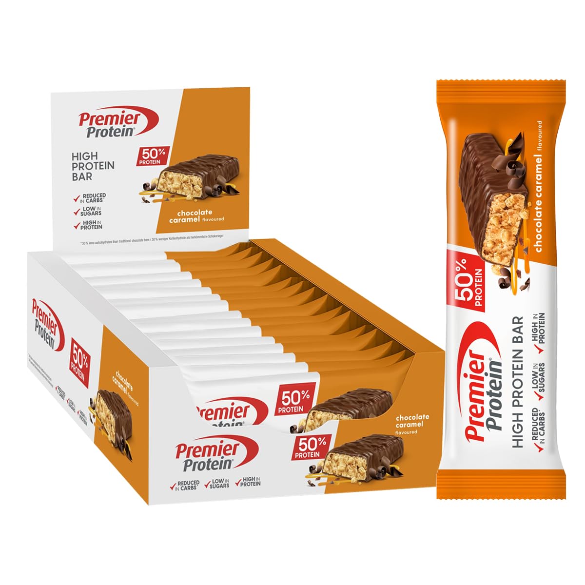 Premier Protein High Protein Bar Chocolate Caramel 16x40g - High Protein Low Sugar + Palm Oil Free