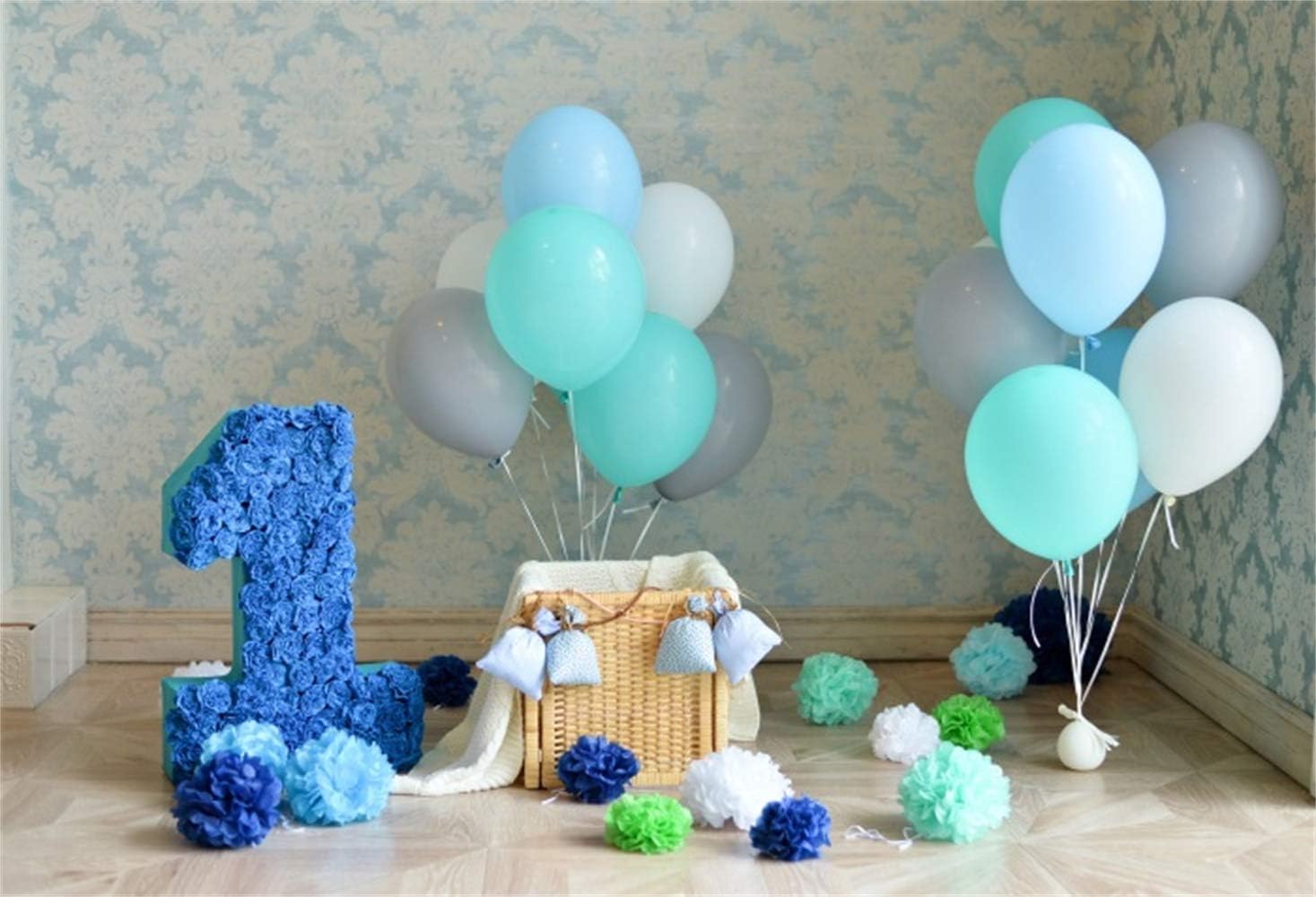 LFEEY 5x3ft Happy 1st Birthday Photo Booth Kids Girl Boy Blue Balloons Room Decoration Wallpaper First Birthday Photo Backdrop Cake Smash Background Photo Studio Props