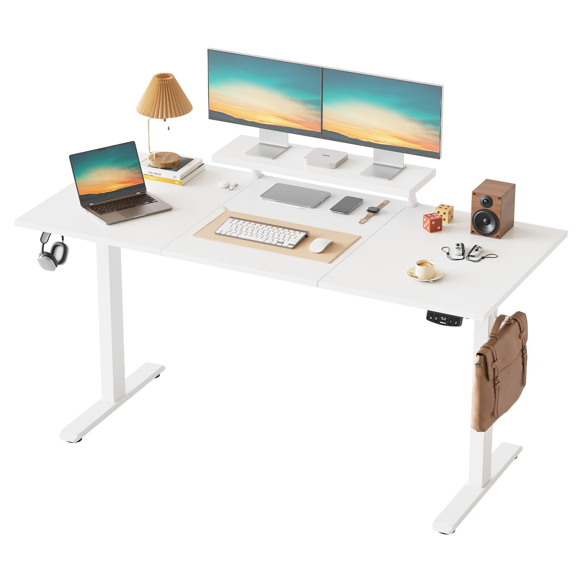 Klicelor Electric Height-Adjustable Desk with Movable Monitor Stand, 160 x 60 cm Sit-Stand Desk with 2 Memory Buttons and 3-Piece Table Top, Computer Desks, White