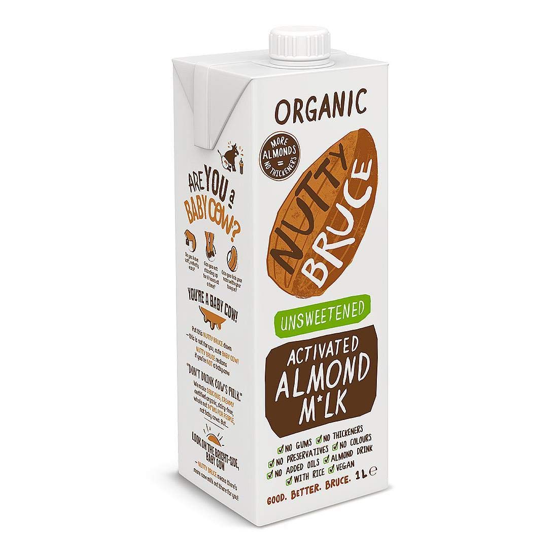 Nutty Bruce Unsweetened Activated Almond Milk - Certified Organic & Vegan Alternative Milk, No Preservatives, Colours or Added Oils, Lactose Free, Dairy Free, Soy Free - 1 carton x 1L
