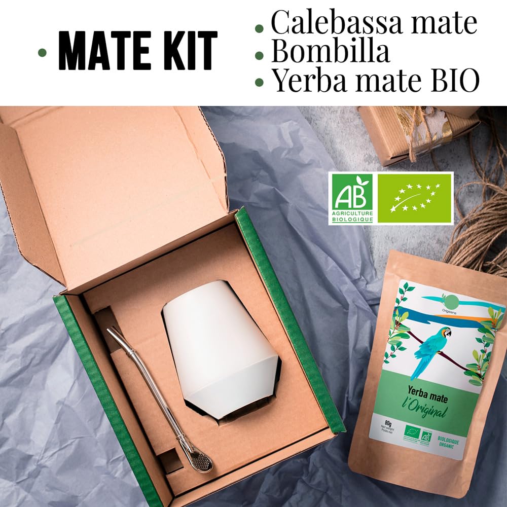 ORIGEENS YERBA MATE KIT COMPLETO - Tazza Mate Artigianale (Portogallo), Bombilla, Yerba Mate BIO - Kit Mate Pacchetto Regalo Originale