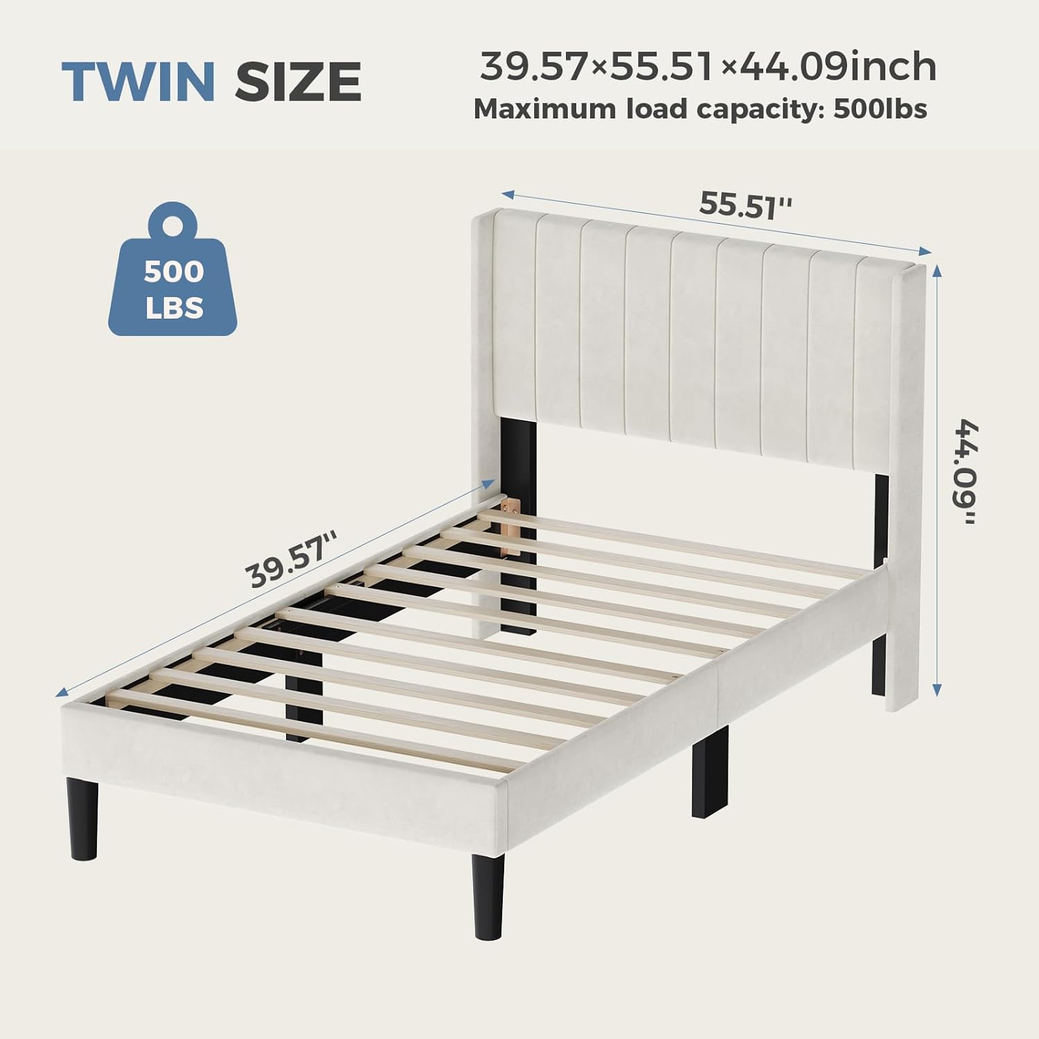 DUMOS Twin Size Bed Frame with Modern Fabric Upholstered Wingback Headboard & Wooden Slats, 500lbs Capacity, No Box Spring Needed, Easy Assembly Upholstered Platform Bed, Beige