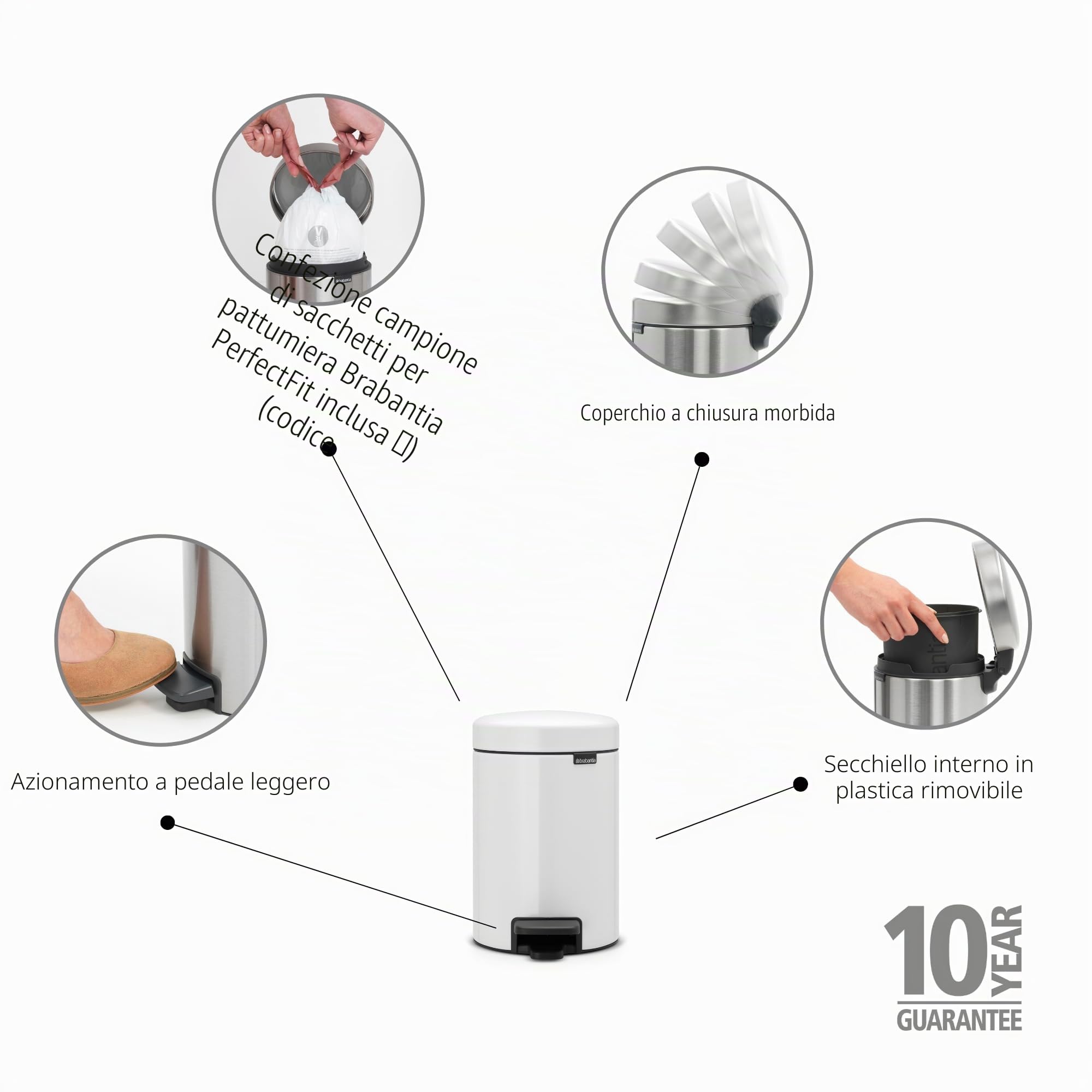 Brabantia Pedal Bin Newicon Pattumiera a Pedale, Secchio Interno in Plastica, Bianco, 3 lt