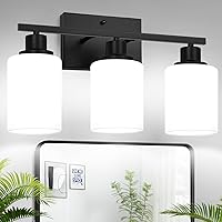 Vista 11 de Juego de 2 apliques de pared para baño, luces de tocador modernas negras con pantalla de vidrio blanco, lámpara de pared de baño para espejo