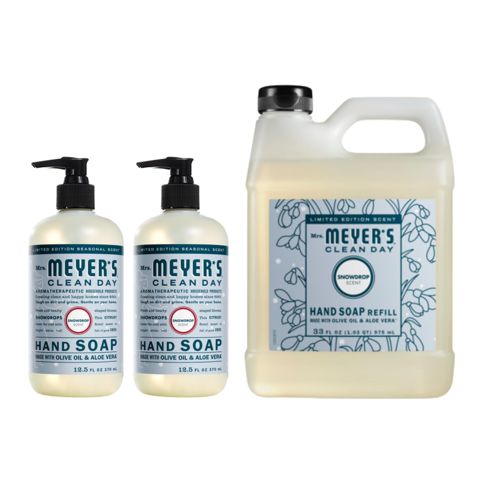 Mrs. MEYER'S Clean Day Liquid Hand Soap 12.5 OZ (2) & Refill 33 OZ, Snow Drop Scent, 1 CT (Variety Pack)