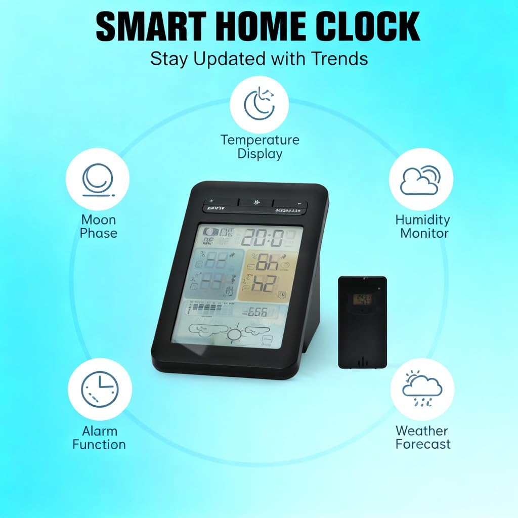 Home Outdoor Wireless Thermometer Weather Clock, Indoor Outdoor Temperature Humidity Meter with Color Screen - 6 Weather Forecasts, Dual Power Supply, Accurate Time Display