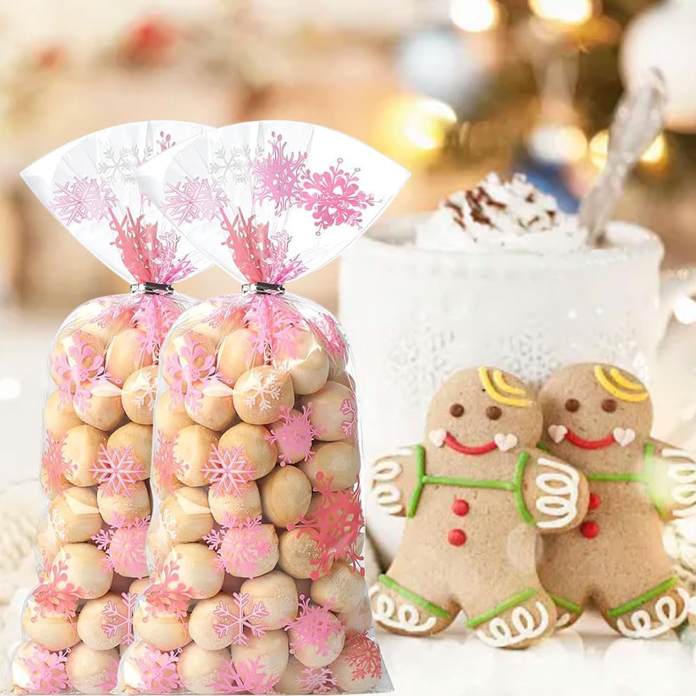 JXITON 120pcs Christmas Snowflake Cellophane Bags,Pink Snowflake Cello Candy Treat Bags Winter Goodie Bags with Twist Ties for Christmas Frozen Party Favor Winter Wonderland Party Favor Supply image 3