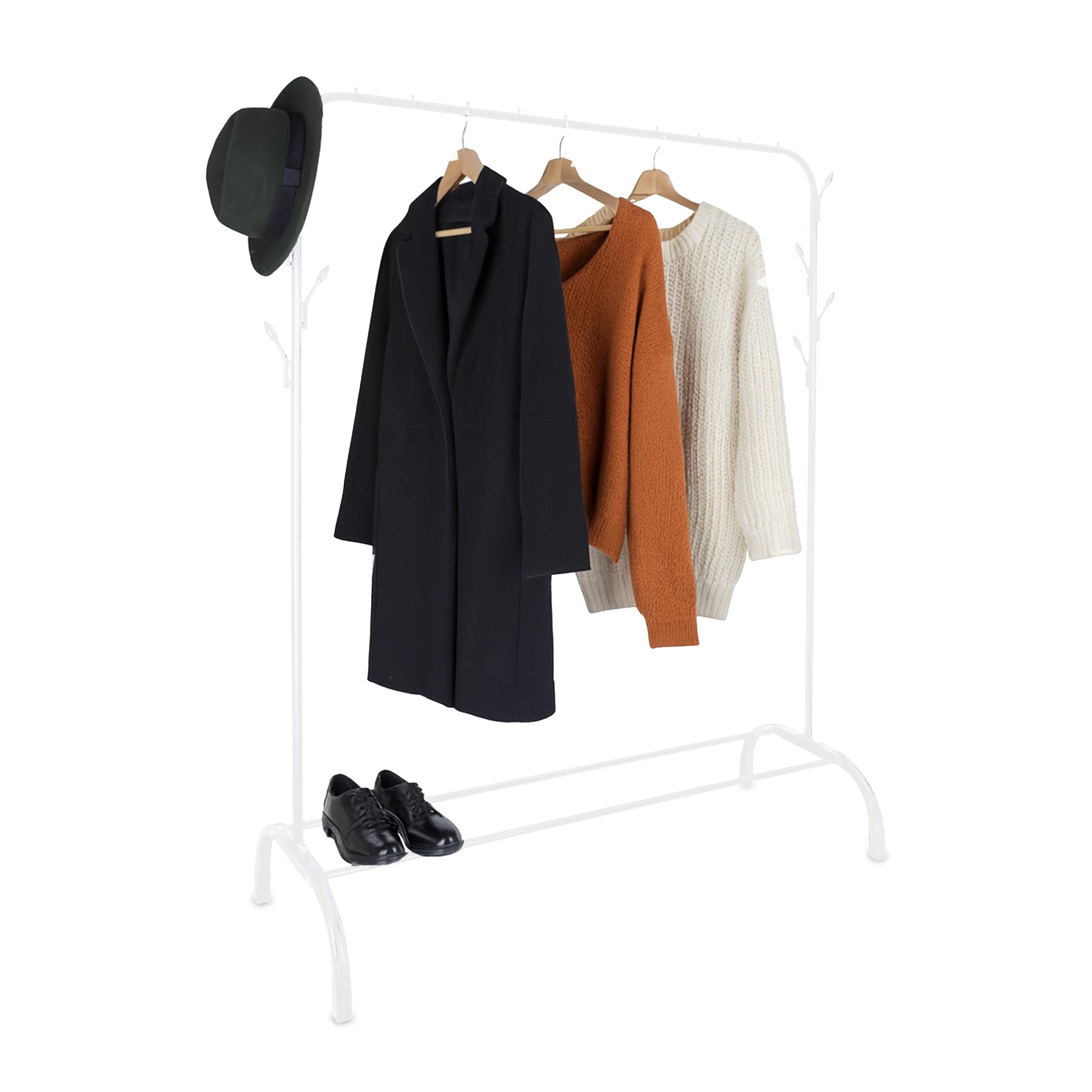 Relaxdays clothing rack, HxWxD: 148 x 110 x 40 cm, shelf, hooks & rail, metal, coat stand, white