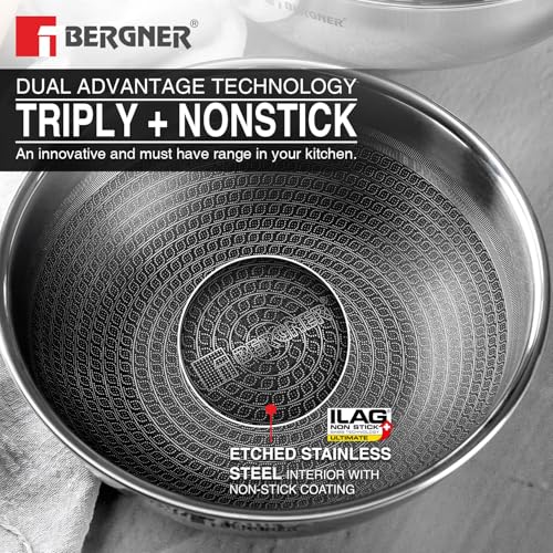 Image of BERGNER Hi-Tech Giro Triply Tasra 24cm (2.6L) with Stainless Steel Lid, Honeycomb Mesh Non-Stick Coating, PFOA Free, Consumes Less Oil, Healthy Cooking, Even Heat Distrubtion - Induction Bottom