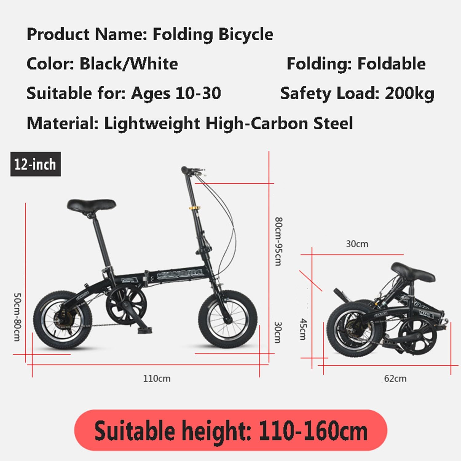 Bicicleta Plegable para Adultos De 12Pulgadas, Bicicleta Plegable Urbana, Bicicleta Plegable Móvil Portátil Liviana para Estudiantes Y Viajeros Urbanos 2