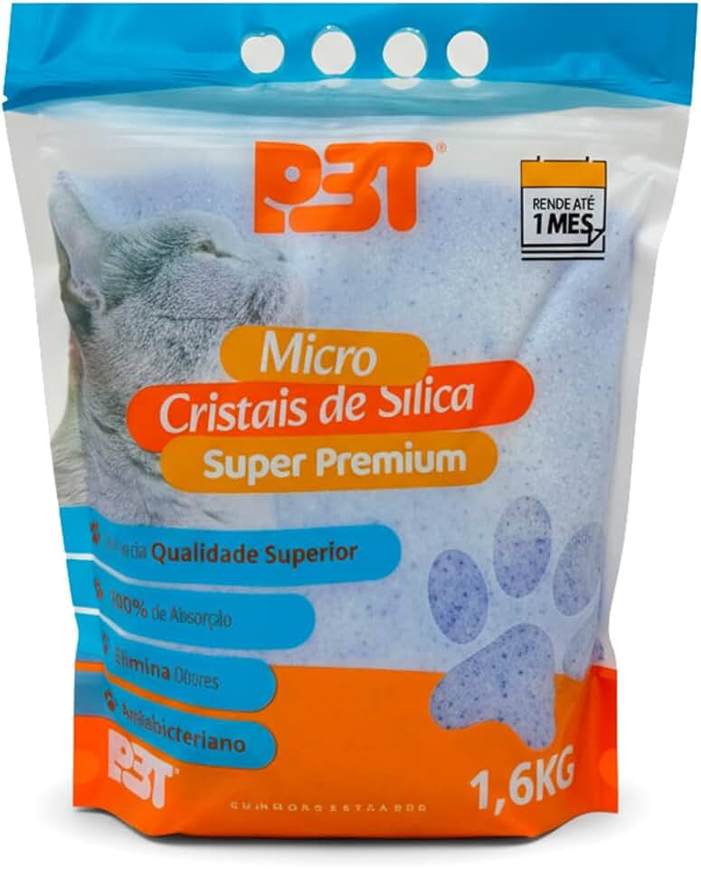 Areia Cristais de Sílica Micro Premium P3T para Gatos Absorção 100%, Antibacteriano Eliminador de Odores 1,6kg