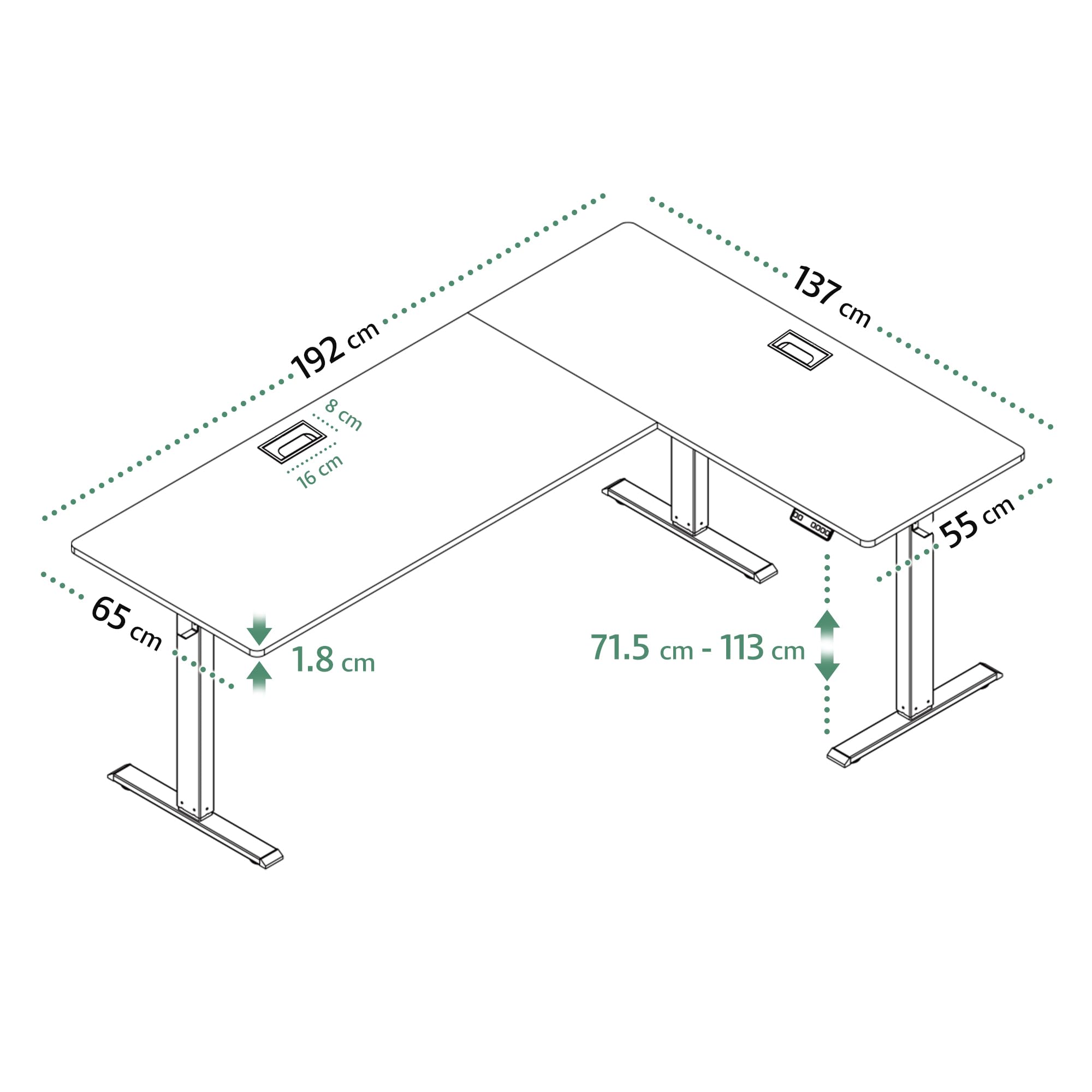 di volio Höhenverstellbarer Eckschreibtisch Braun Rechts 192×137 cm Trani | Elektrischer L-Schreibtisch, 2 Motoren, Memory-Funktion, stabile Konstruktion, Kabeldurchlässe, Haken, für Homeoffice