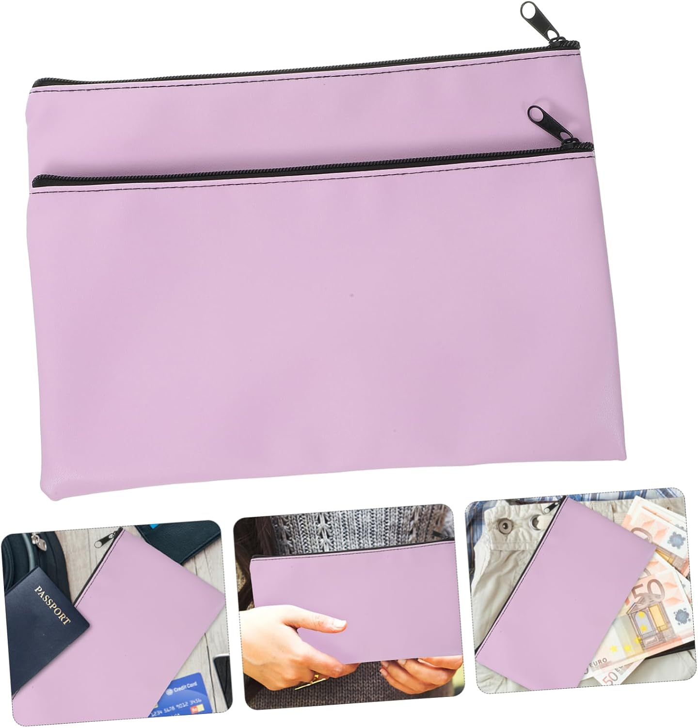 2Pcs PU Leather Money Bag with Zipper Large Capacity Cash Organizer for Travel Bank and Receipt Storage
