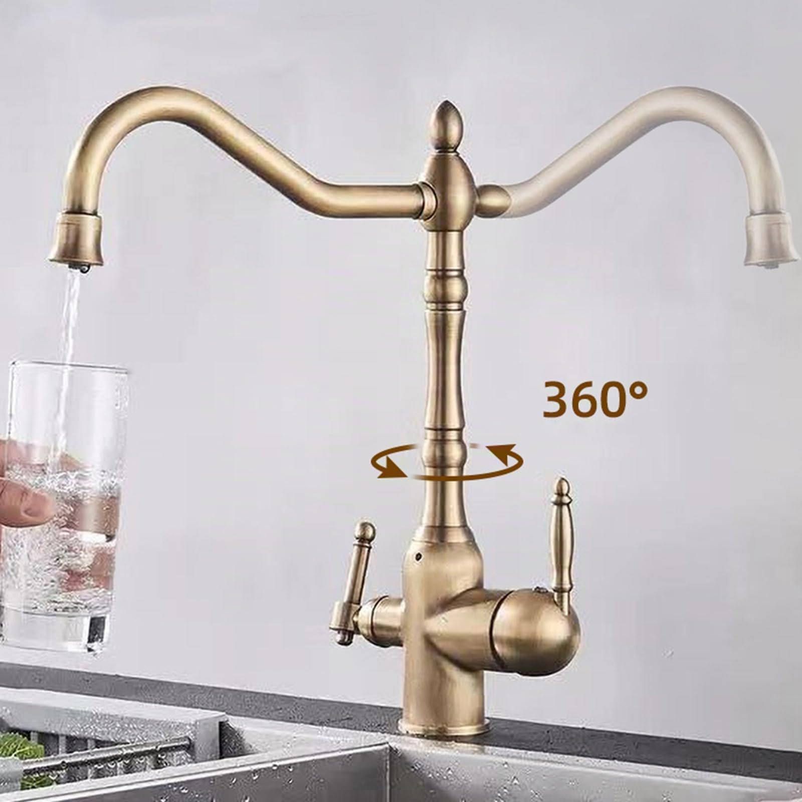 XJTNLB Grifo 3 Vias Osmosis Antiguo Grifo de Cocina Doble Salida Griferia Cocina 3 en 1 Giratorio a 360° Mezclador Agua Fría y Caliente