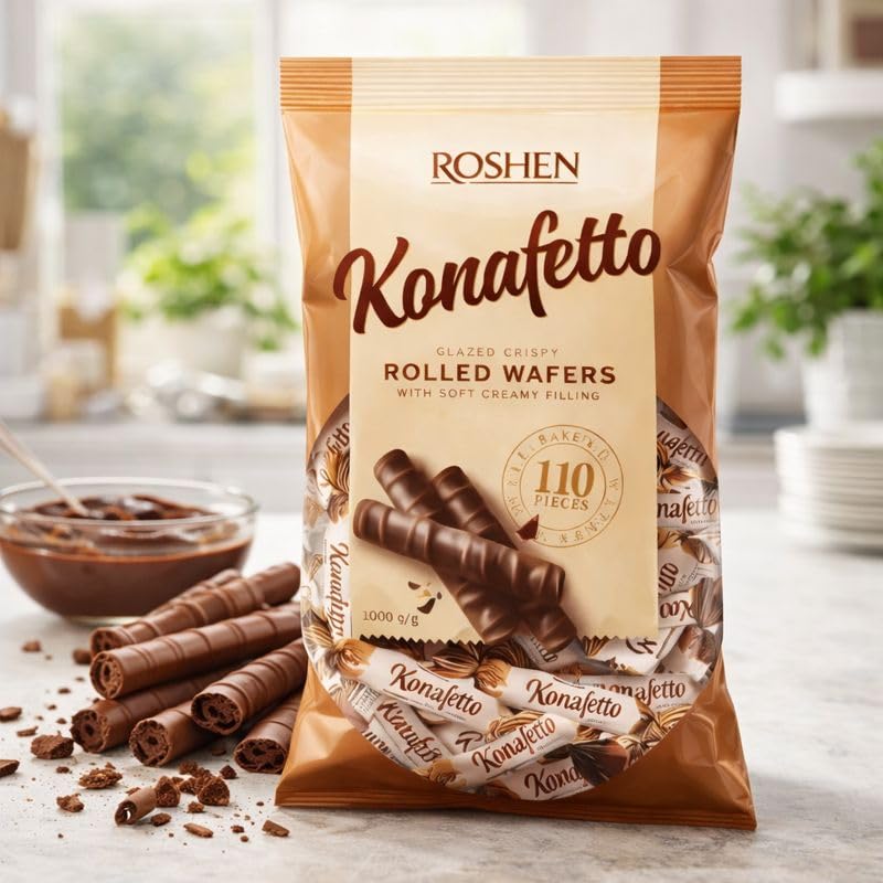 ROSHEN Konafetto (MILK) Glazed Chocolate Candy Rolled – (1kg) Family Value Pack By COUGAR – Eid Day Special, Crispy Rolled Wafers with Soft Creamy Filling, Chocolate Coated Crunchy Wafer Rolls, FREE 1 Prestige Waffi Pistachio Wafer Bars, Gifting, Parties, Office Treats & Dessert Platters – (IMPORTED - UKRAINE) 2