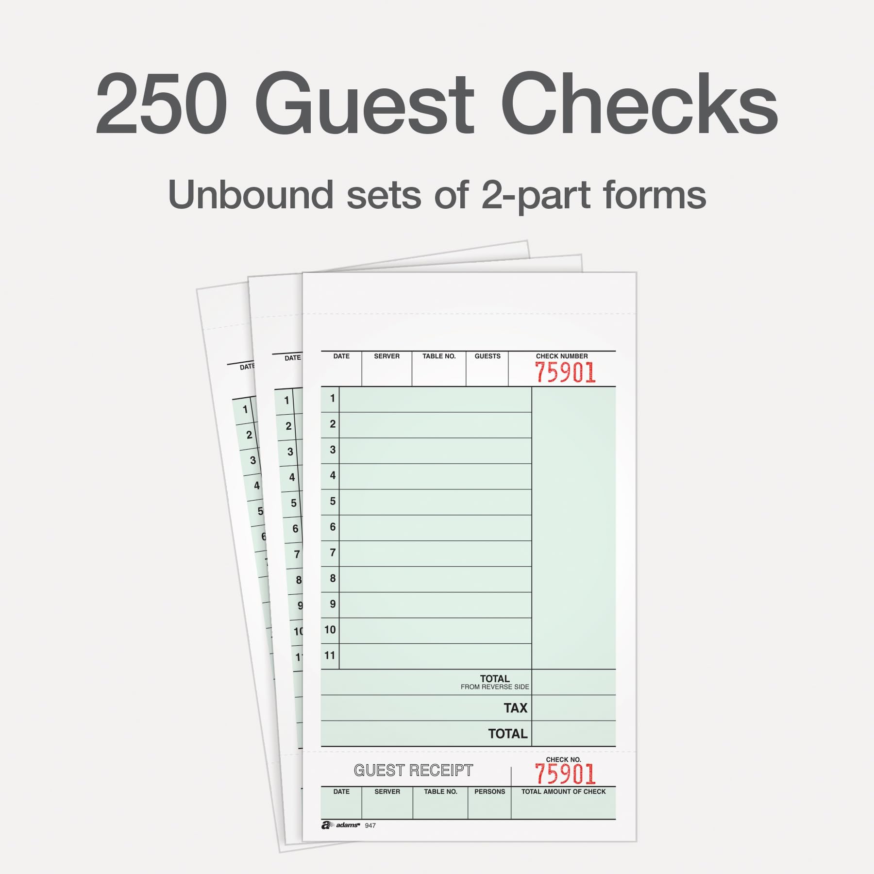 Adams Guest Check Unit Sets, 2-Part, Carbonless, White Bond/Tag, 4-1/4 x 6-3/4 Inches Detached, 250 Sets/Pack (947SWC)
