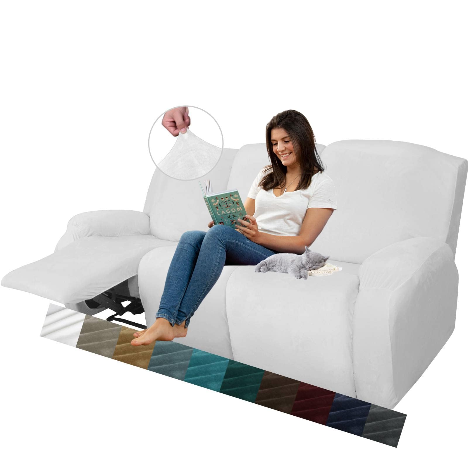 MAXIJIN 8 Pieces Recliner Sofa Covers, Stretch Velvet Reclining Couch Covers for 3 Cushion Furniture Covers, Thick, Soft, Washable Reclining Sofa Slipcovers (Sofa Recliner, White)