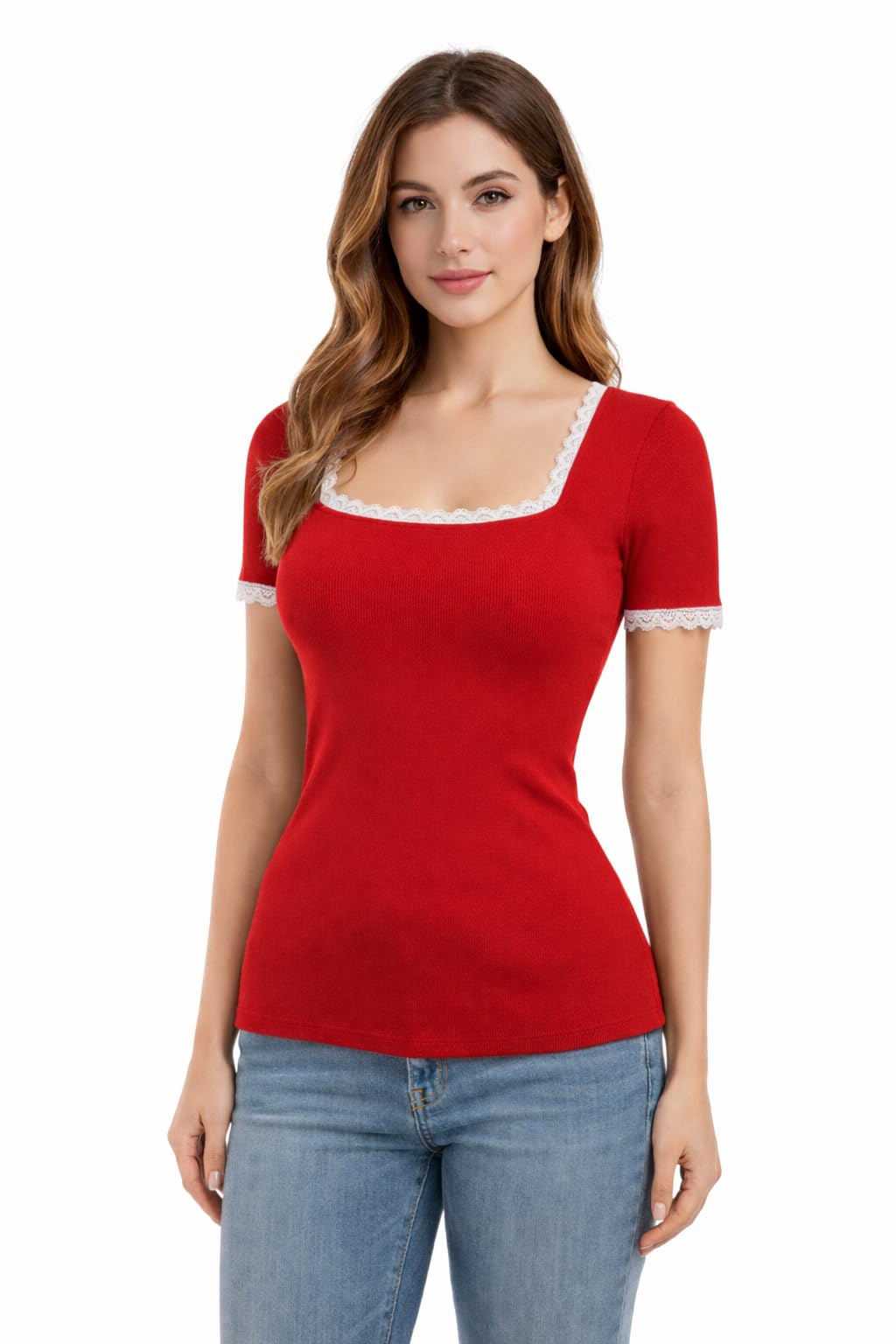 Women's Ribbed Square Neck Top, Short Sleeve, Lace Trim Detail, Cute Fitted Casual Summer Going Out Top 100% Cotton-picture-36